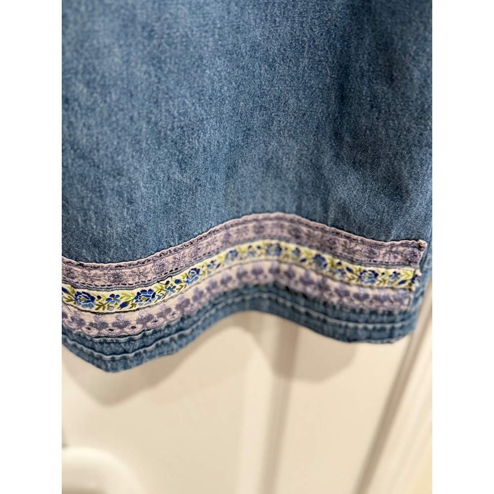 VTG Denim Jumper Dress Floral Lace Bib Midi Sleeveless Blue Cotton 90s XL 2XL - Picture 3 of 4